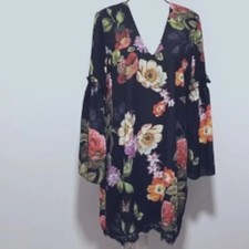 Alexia Admor Floral Bell Sleeve Lace Hem V-Neck Boho Cocktail Midi Dress S Small