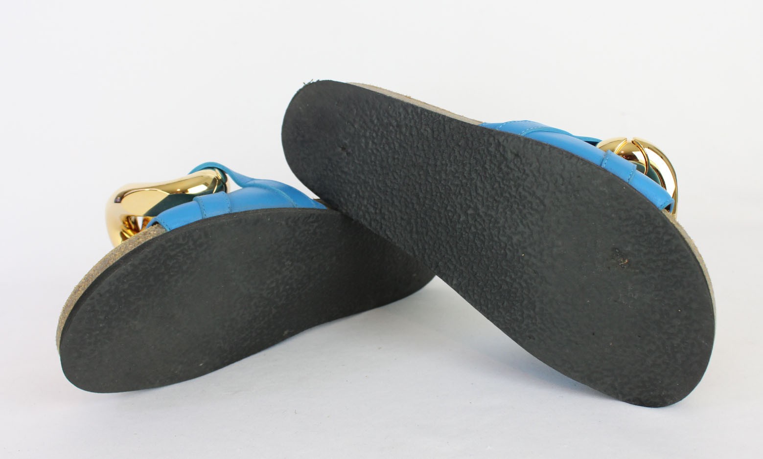 JW Anderson Women's Blue Leather Gold Chain Link Slide Sandal Flat Shoe 39 9