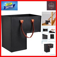 Foldable Felt Stair Basket, Large Organizer, Faux Leather Handles Black 16''