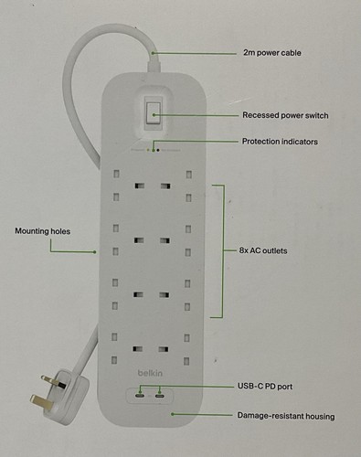Belkin Connect Surge Protector with Dual USB-C Ports - 8 AC Outlets - New Boxed - Picture 2 of 5