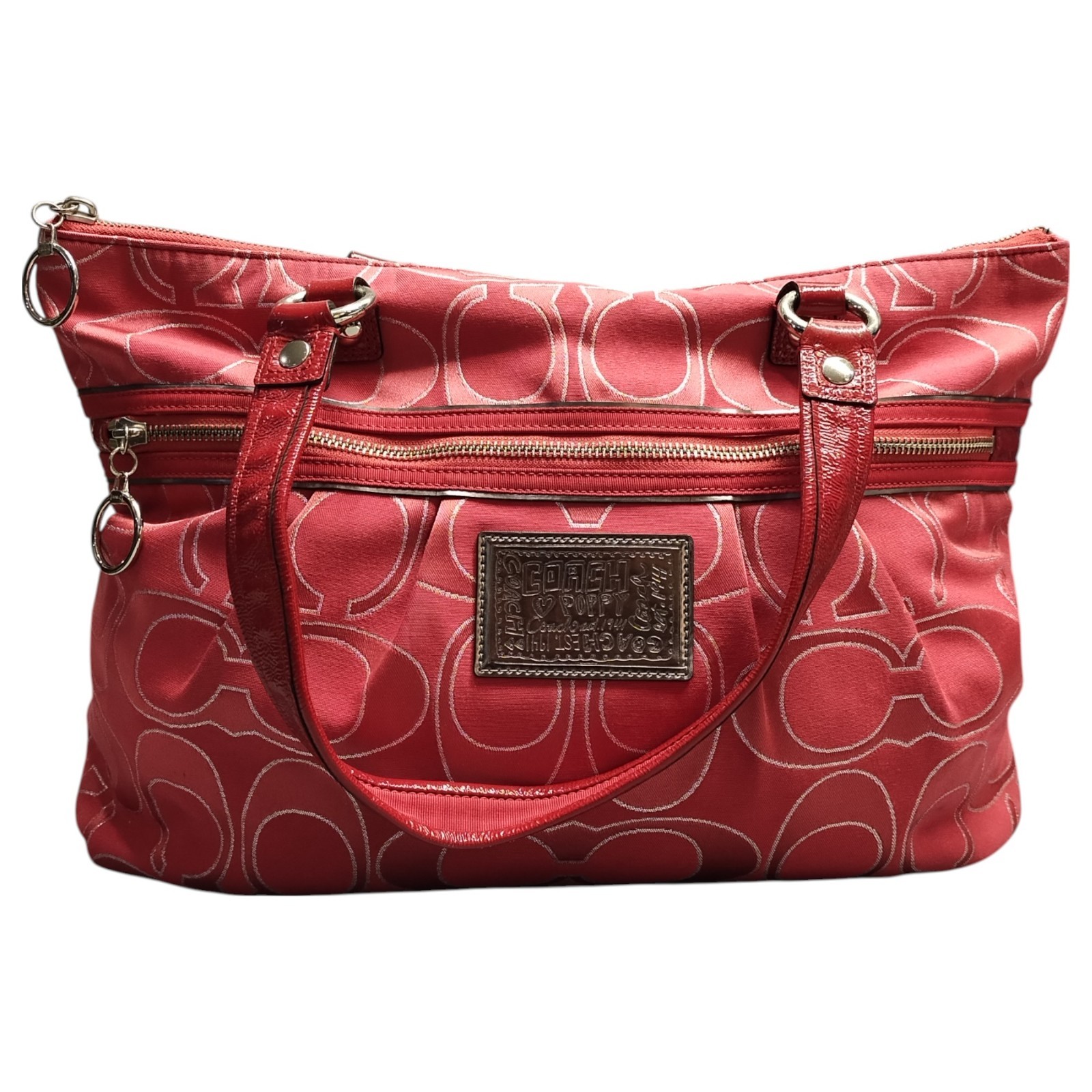 Coach Poppy Signature Tote Bag for Women in Pink Print with Double Handles and Zip Closure