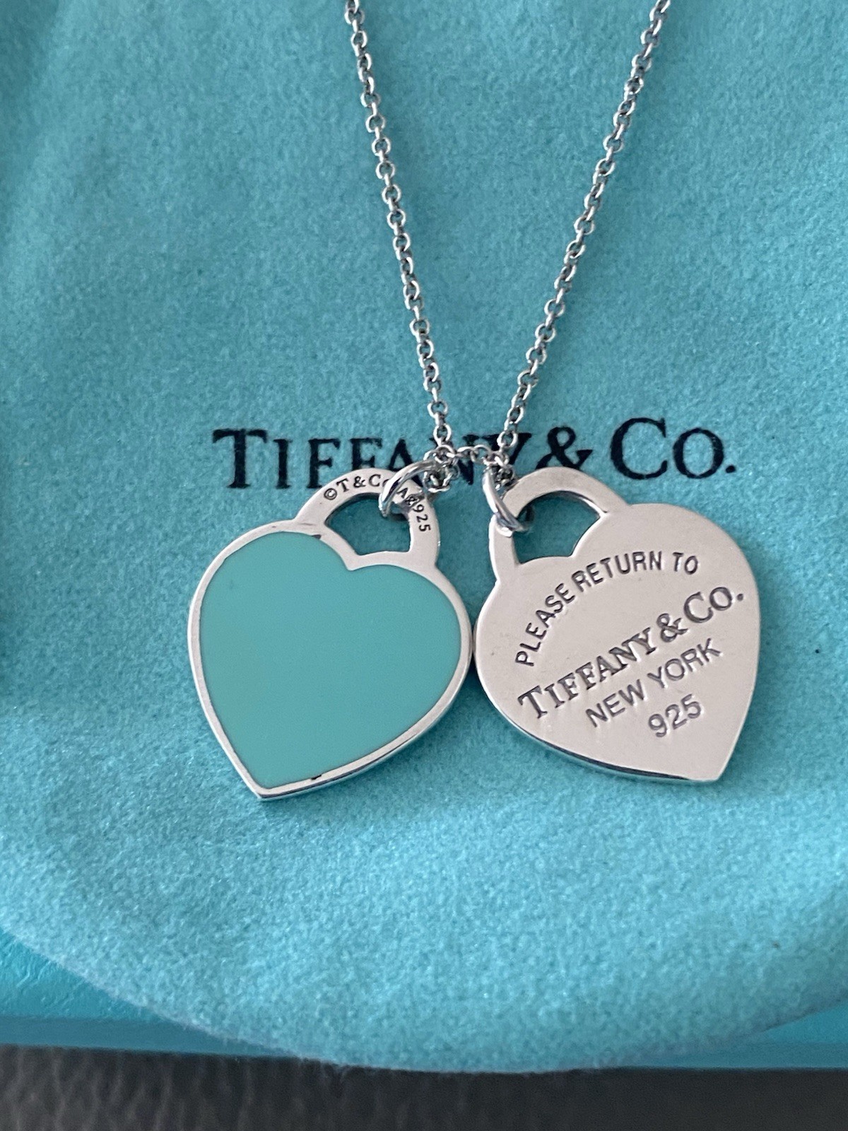 Tiffany & Co Return To Tiffany Blue Silver  Double Heart Tag Pendent Necklace