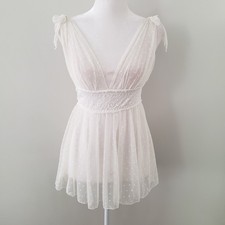 Y2K White Lacey Babydoll Top SMALL Fairy Coquette Sheer Mesh Swiss Dot Bow Bride