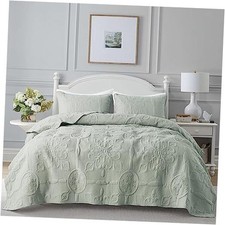 Damask Quilt Size Bedding Sets with 2 Pillow Shams, Boho King Sage Green