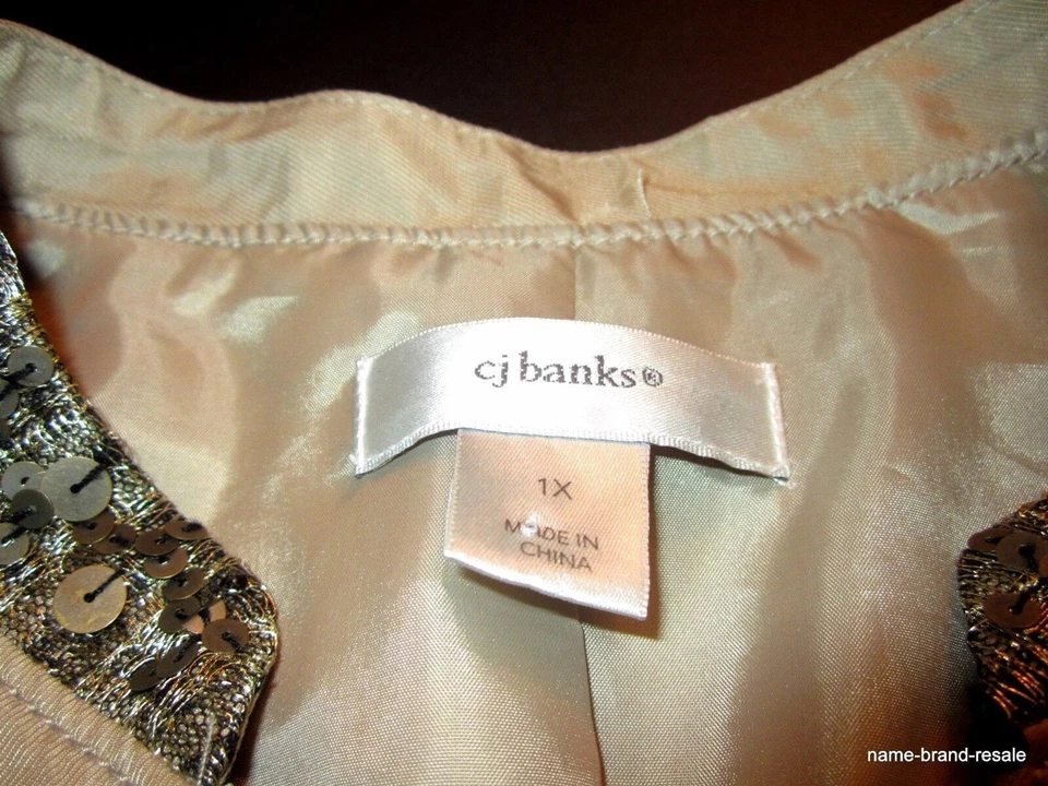 CJ BANKS Mujer PLUS 1X 14 16 Bronceado Caqui BLAZER Dorado SEQUINADO Borde VESTIDO Carrera Foto 3 de 4