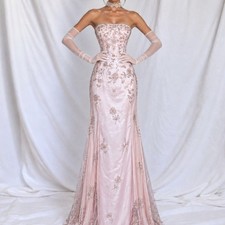 Vintage Y2K Pastel Pink Strapless Floral Beaded Mesh Maxi Prom Dress Size M