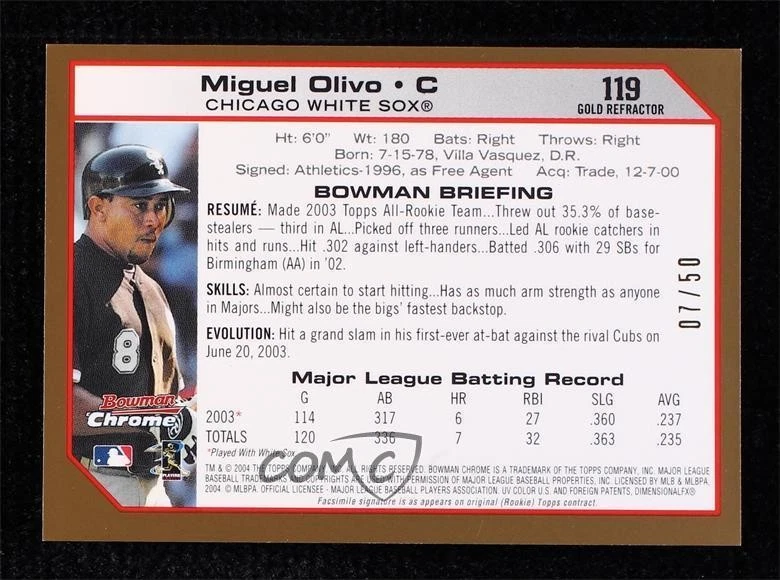 2004 Bowman Chrome Gold Refractor /50 Miguel Olivo #119 - Image 2 of 2