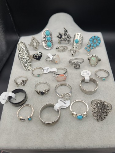 Costume Ring Lot Bundle 25 Variety Of Sizes -All Silver Tone Fun Unique Craft