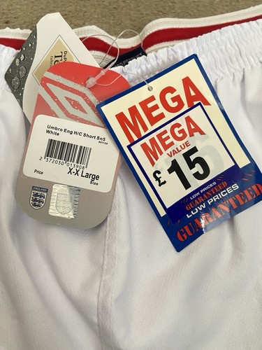 BNWT England Umbro 2005-2007 Mens XXL 2XL Football Shorts Kit Home Soccer White - Imagen 7 de 15