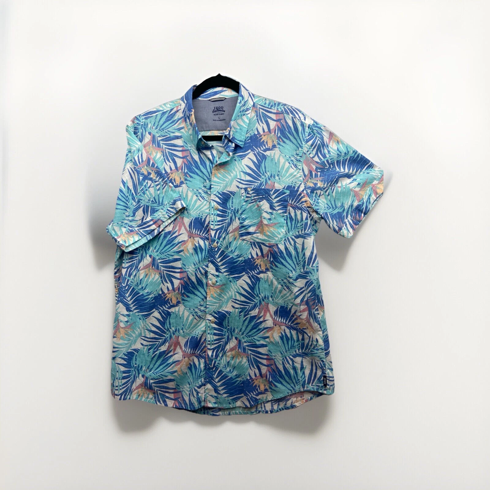 Izod Saltwater Shirt Mens L Blue Floral Hawaiian Tropical Birds of Paradise