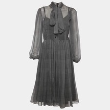 Dolce Gabbana Monochrome Glen Plaid Print Chiffon Scarf Tie Midi Dress M