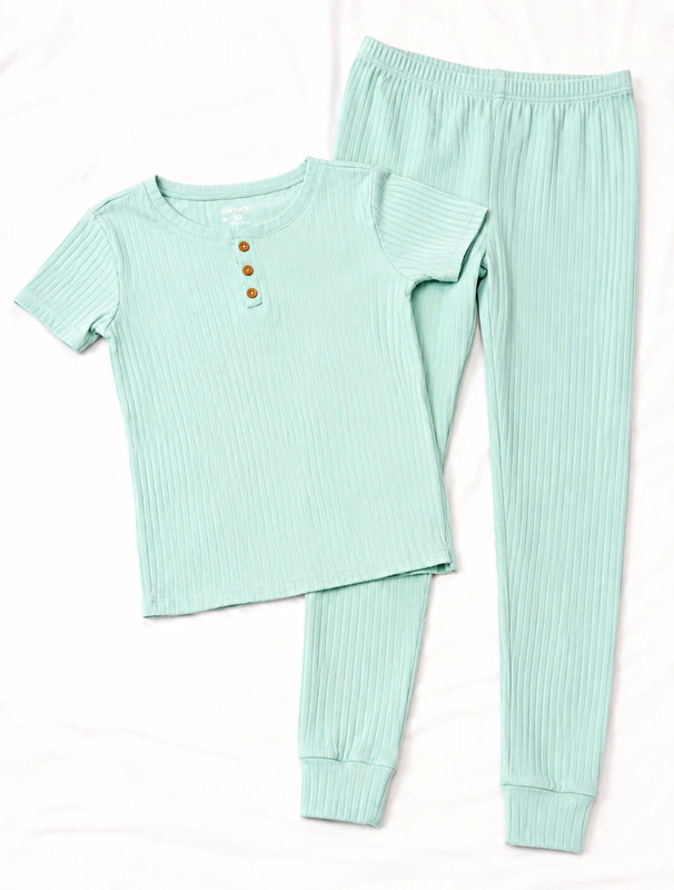 Carter's Girls size 10 2pc Ribbed Knit Pajama Set Green Short Sleeve Button