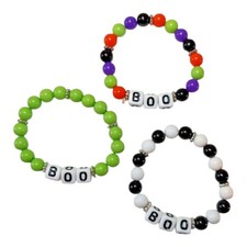 Lot of 3 Holiday Plastic Beaded Bracelets Multicolored "Boo" Word Elastic Cord