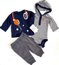 CARTERS Just One You 3 piece set navy/gray/stripes MUSIC motif size NEWBORN