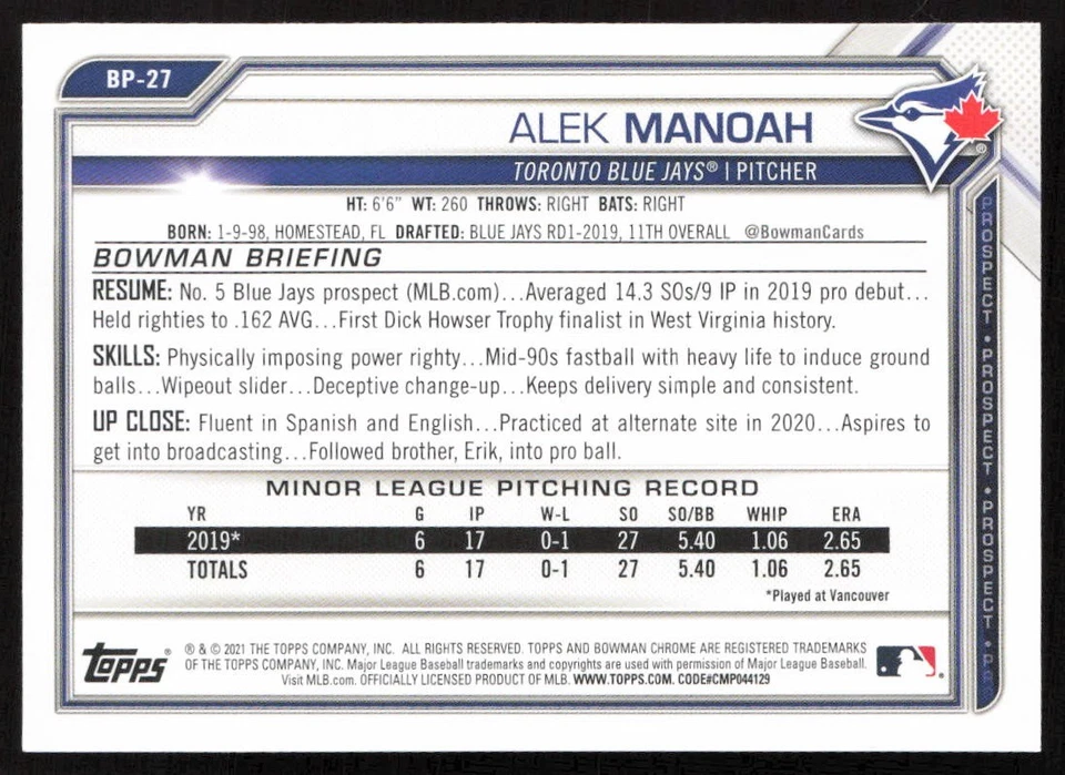 2021 Bowman Prospects Camo Alek Manoah #BP-27 Toronto Blue Jays - Image 2 of 2