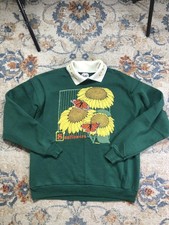 Vintage Hanes Sweatshirt Mens XL Green Collared Sunflowers Butterfly Fleece 90s