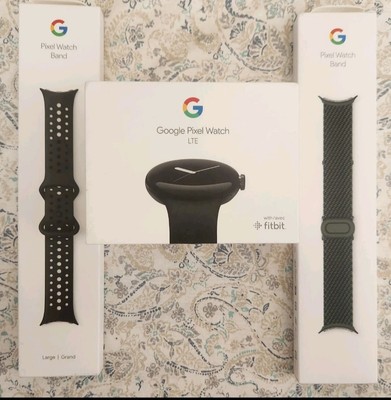 GOOGLE PIXEL WATCH LTE MATTE BLACK With FITBIT PLUS 2 NEW GOOGLE PIXEL BANDS