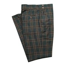 Mens 32 Gurkha Pants Green Brown Plaid Wool Flat Front Straight Fit Trousers