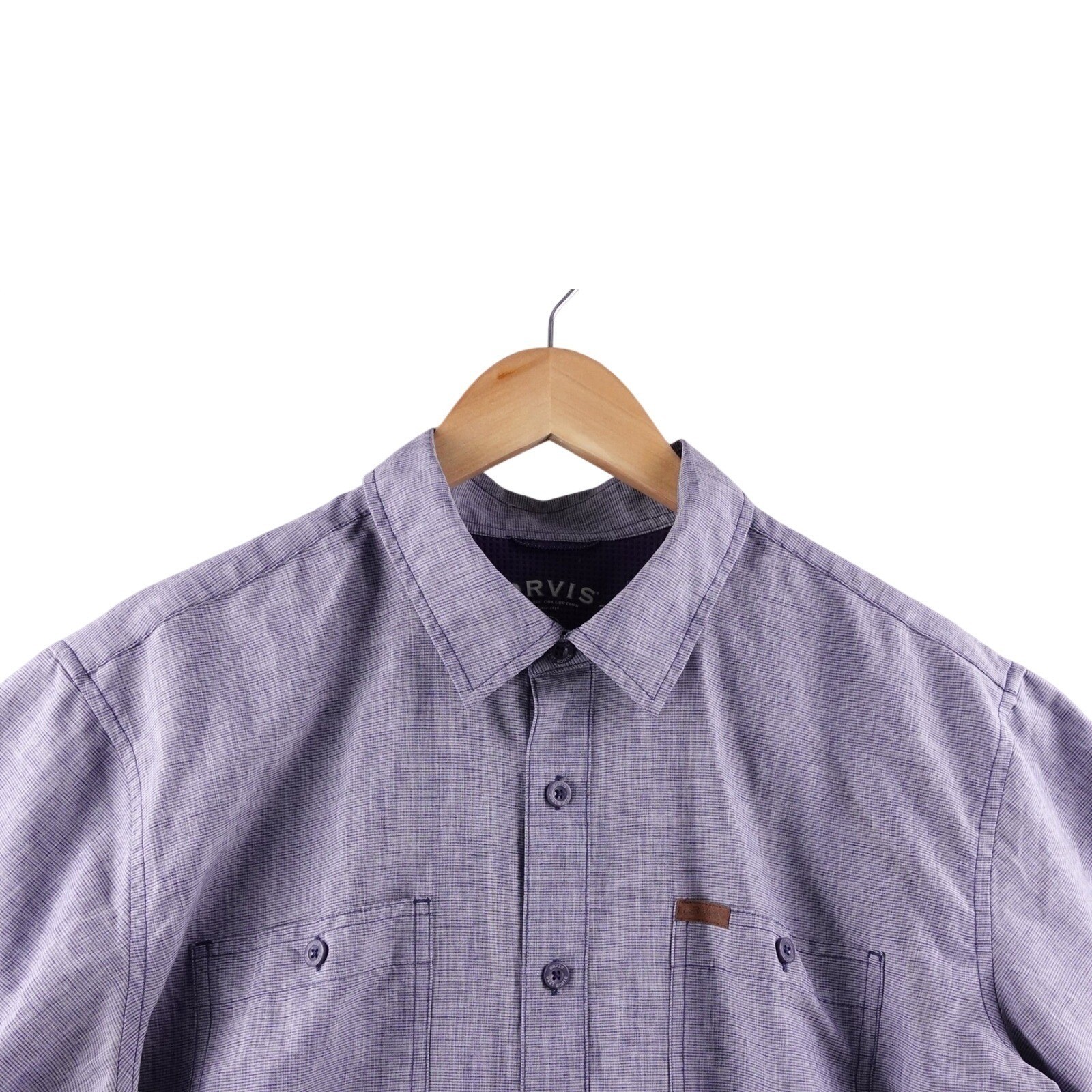 Orvis Mens XL Short Sleeve Button Up Shirt Purple Plaid Casual Outdoor Hiking