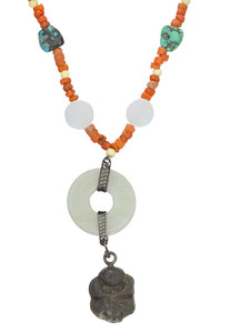 ANTIQUE TIBETAN TURQUOISE, CORAL & CARVED WHITE NEPHRITE JADE NECKLACE & AMULET