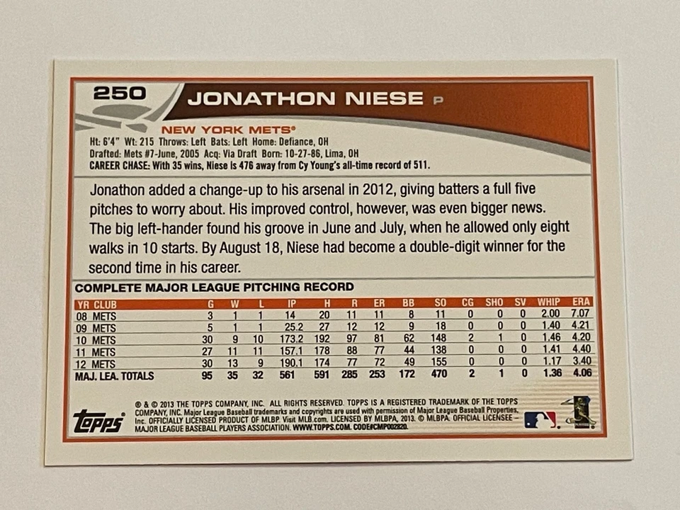 2013 Topps Baseball Target Red #250 - Jonathon Niese - Mets de Nueva York Foto 2 de 2