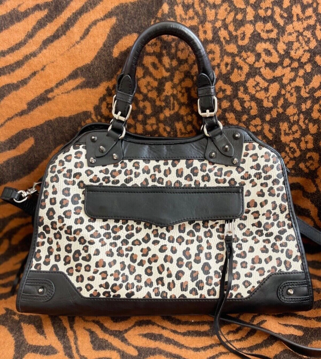 rebecca minkoff cheetah print black leather crossbody satchel bag