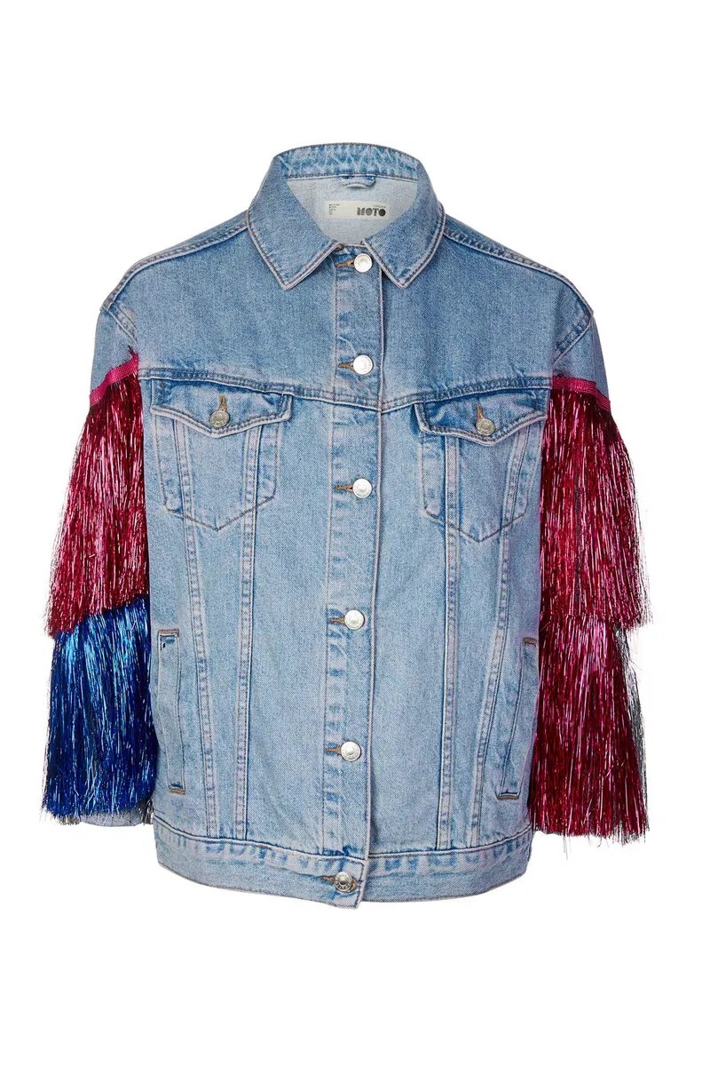 Rare TOPSHOP Denim Pink Silver Blue Tinsel Oversized Jacket Unique! image 2