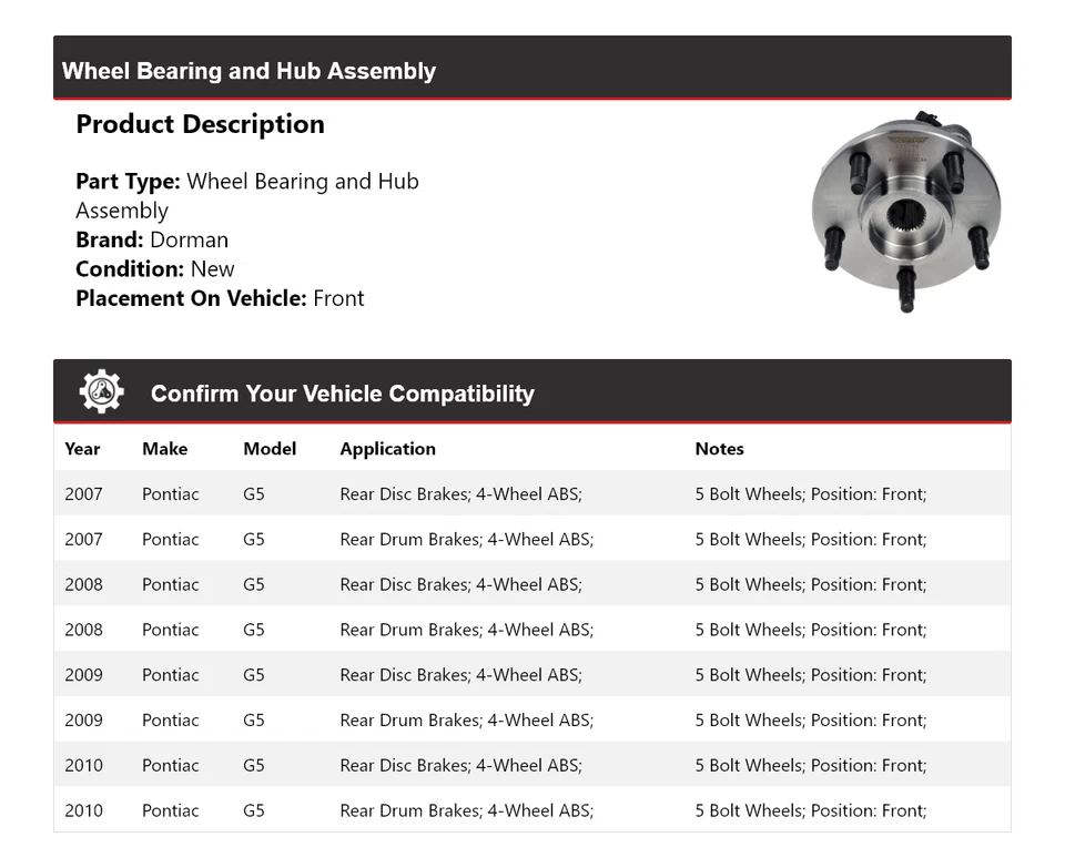 Conjunto de cojinete de rueda y buje delantero 2008 2009 para Pontiac G5 Dorman 2007-2010 Foto 2 de 4