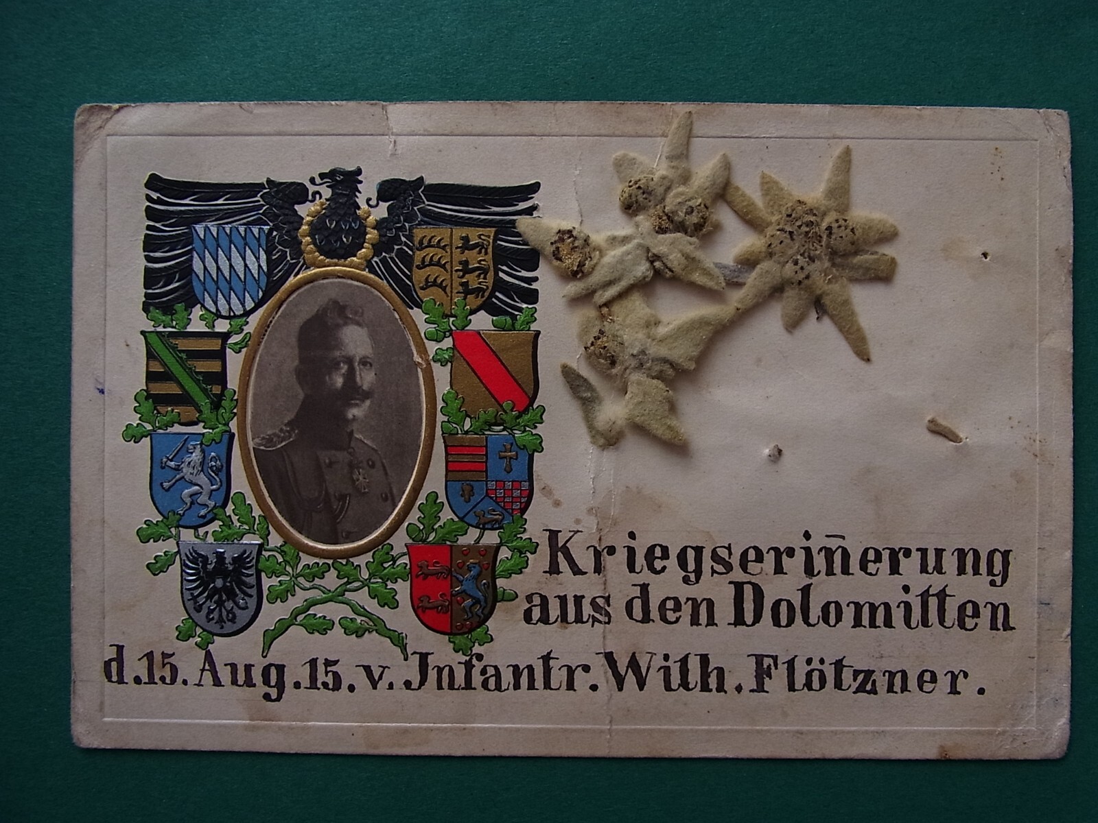 Postal recuerdo de guerra de los Dolomitas agosto 15 Inf. Wilh. Flötzner - 04299
