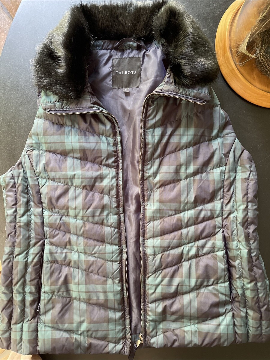 Talbots Faux Fur Collar Puffer Vest Black Watch Tartan Size XL