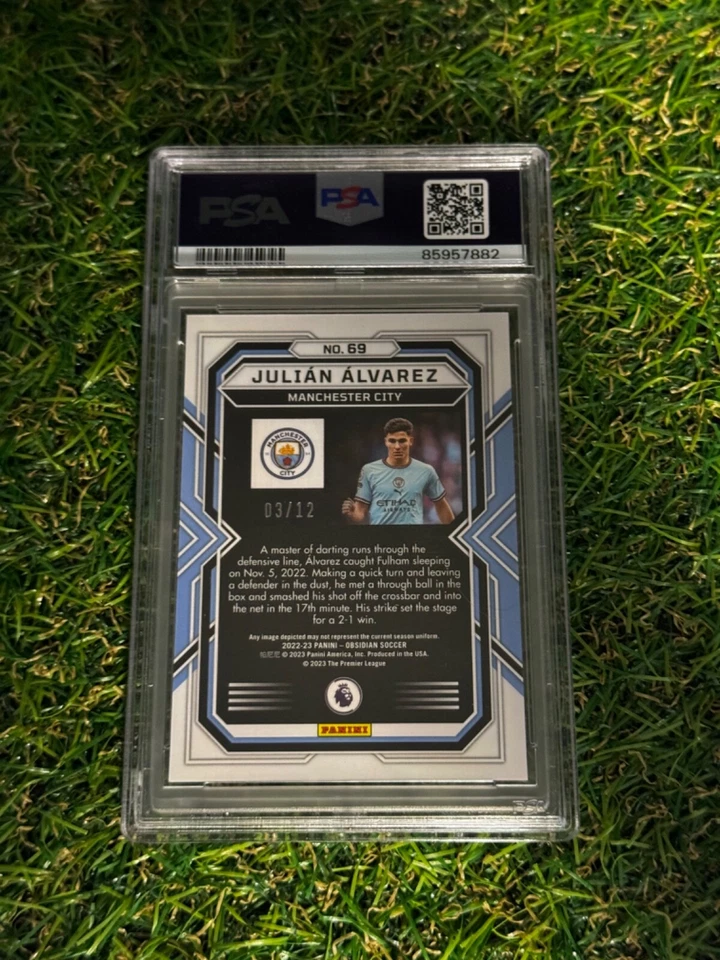 2022-23 PANINI OBSIDIAN NEON BLUE FLOOD RC JULIAN ALVAREZ /12 PSA 8 - Image 2 of 2