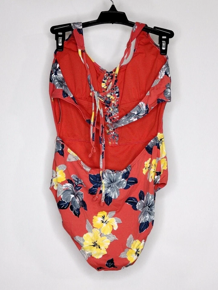 Nuevo con etiquetas Traje de baño Ambrielle de una pieza color rojo/plateado estampado floral elástico sin espalda Foto 2 de 2