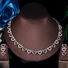 Silver Plated Heart Shape Trendy Necklace Earrings Women Zircon Prom Jewelry Set