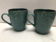 Elama Moziac Sea Foam Coffee Mugs Cups Stoneware Geometric Floral 14 Oz Set of 4