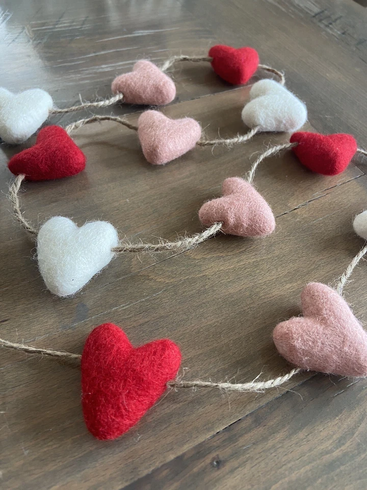 Felted Wool Hearts Garland-Red, Pink, White 4-foot Valentine Decor - Image 3 of 4