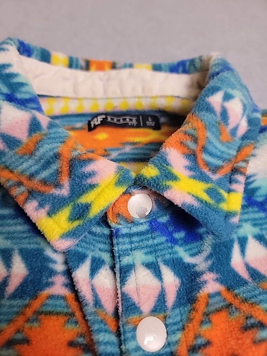 RF Brand Shirt Shacket Mens L Aztec Fleece Orange Blue Yellow
