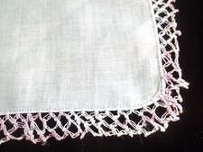 Vintage Off White Hankie Pink Varigated Crochet Edge Handkerchief Hanky 231