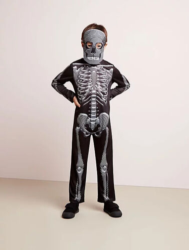 Kids Boys Halloween Skeleton Fancy Dress Costume Outfit all in one mask 3-10 yrs - Picture 1 of 6
