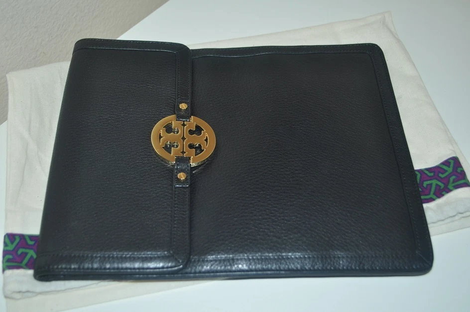 $195 Tory Burch AMANDA Angelux E-Table Sleeve Pouch Black Leather Logo 8.5x10.5 - Image 3 of 4