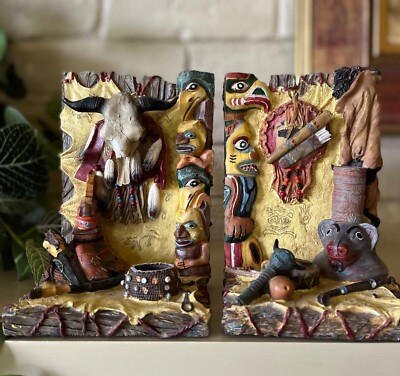 Amazing Rare VTG Highly Detailed Ceramic Native American Bookends by Satis-5