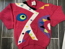 Vintage 80s 90s Hand Knit Sweater Hot Pink Abstract Geometry Design Punk A
