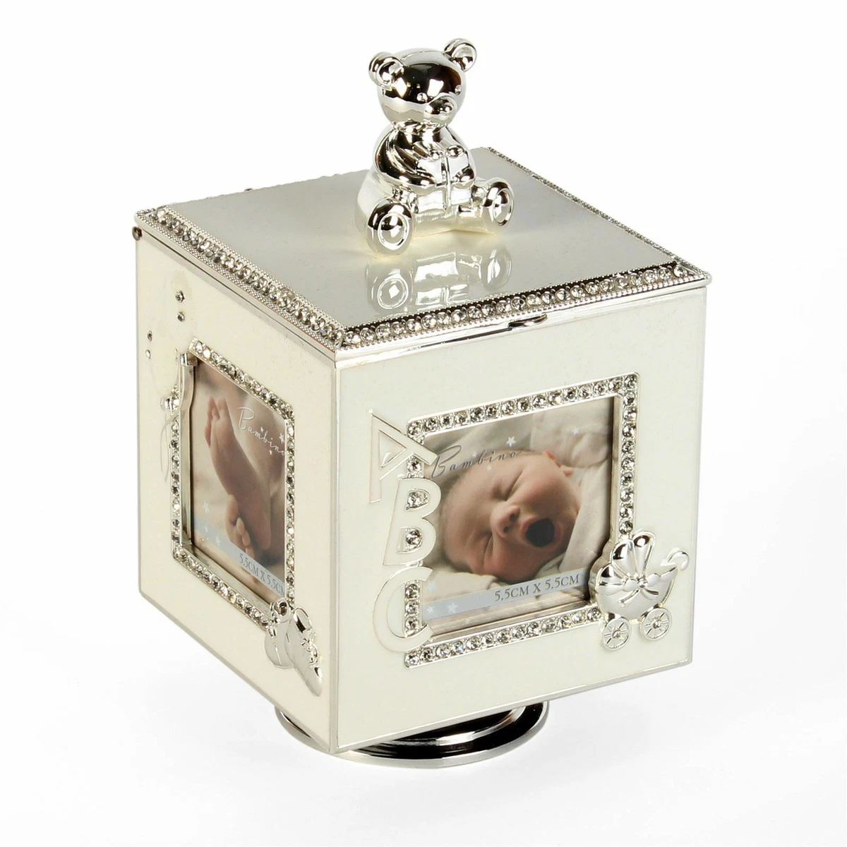 Personalised Baby Silver Plated Rotating Photo Frame Musical Keepsake Box