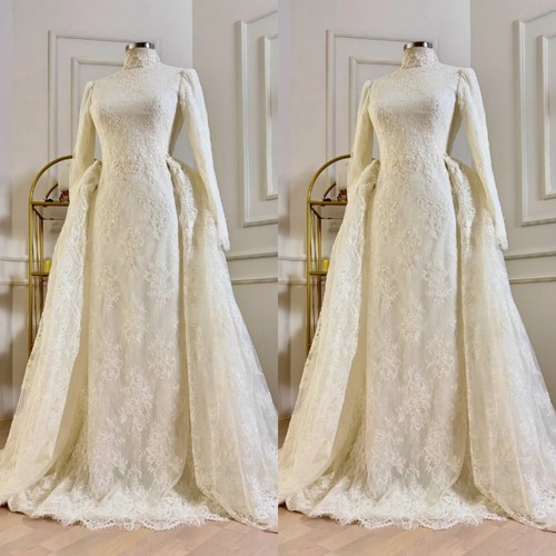 Muslimische Brautkleider Spitze abnehmbare Schleppe hochgeschlossen elegant Brautkleider - Bild 3 von 10