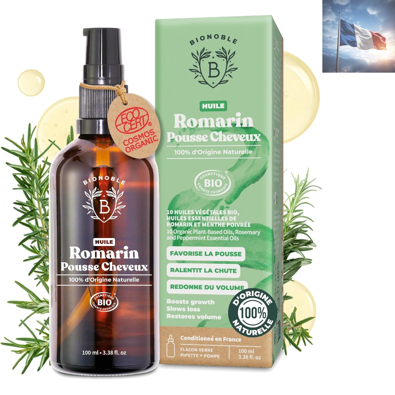 Huile de Romarin 100ml pour fortifier les cheveux fins et purifier le cuir chevelu
