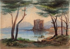 Ile Saint-Honorat Cannes France - Antique Watercolour Painting - 19th Century