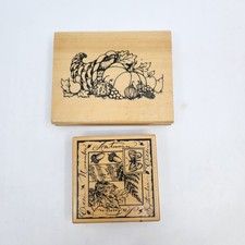 2 Autumn Fall Leaves Cornucopia October November Rubber Wood Mounted Stamps