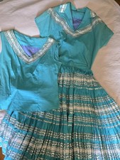 Vintage turquoise blue western wear skirt top set silver rickrack handmade S