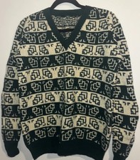 Vtg 80s 90s Green Geometric Wool Crewneck Pullover Grandpa Sweater Size S/M