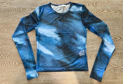 Pull & Bear Blue Sheer Mesh Long Sleeve See Through Blouse Top Women s Medium