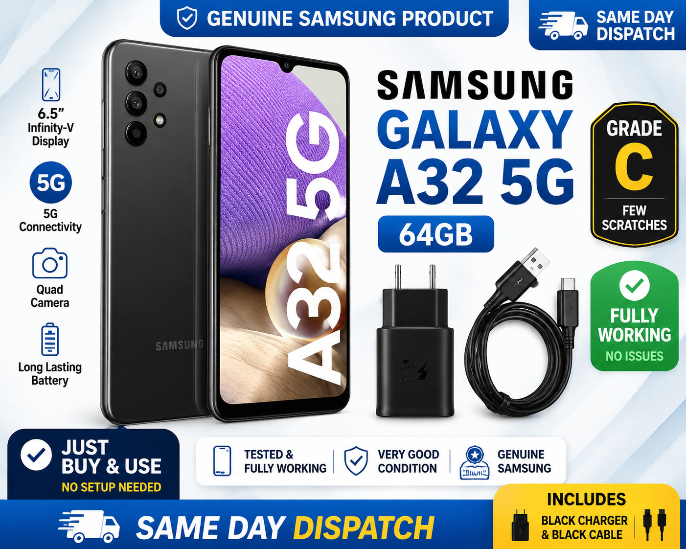 Samsung Galaxy A32 5G SM-A326B/DS - 64GB - Awesome Black, Grade C , Chargerincl
